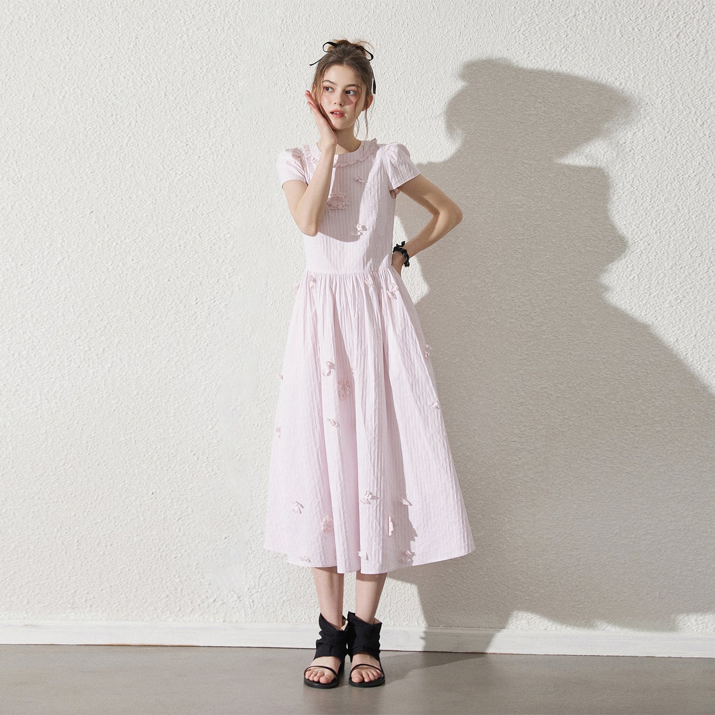 Flower-Embellished Stripe Dress With Ruffle Neck