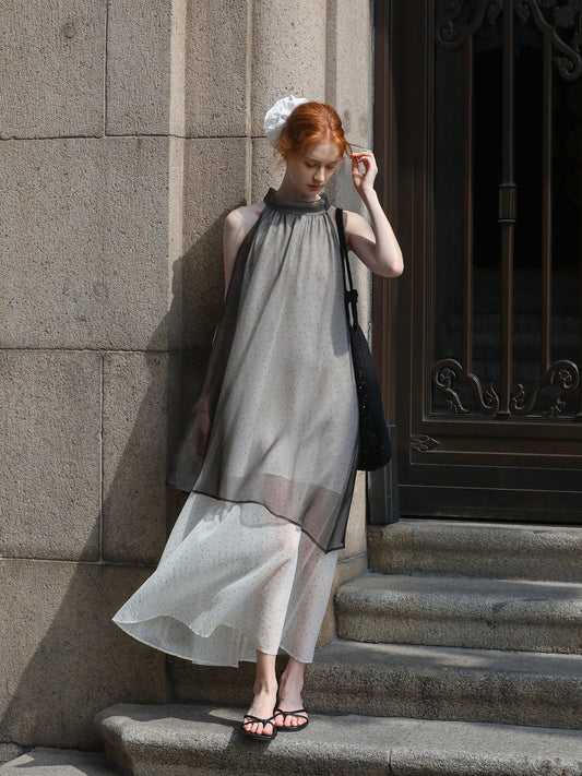 Airy Dotted Sleeveless Dress With Sheer Layers