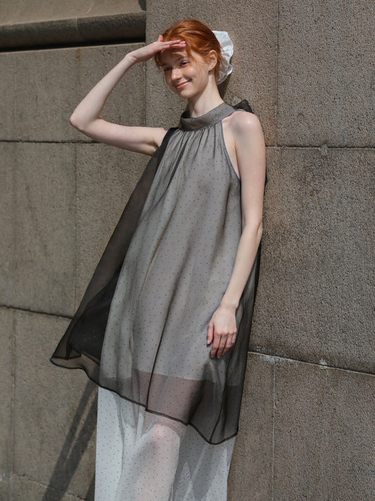 Airy Dotted Sleeveless Dress With Sheer Layers