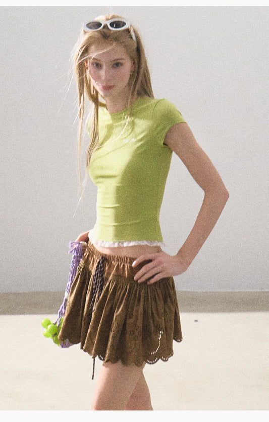 Fitted Cap-Sleeve T-Shirt With Lace Detail