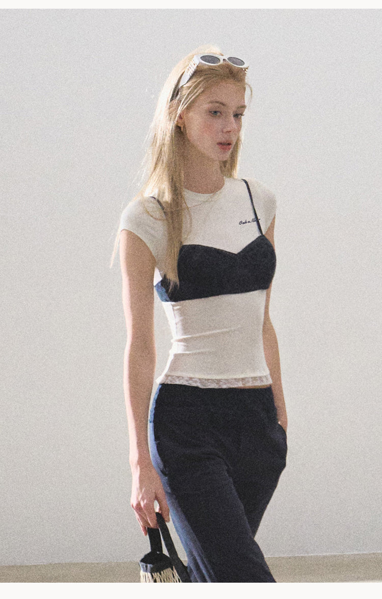 Fitted Cap-Sleeve T-Shirt With Lace Detail