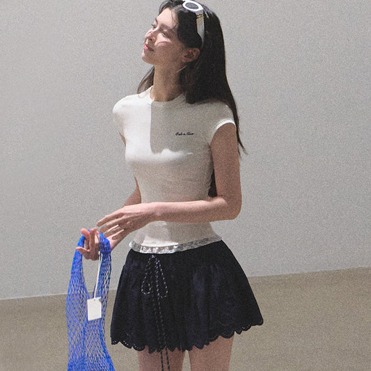 Fitted Cap-Sleeve T-Shirt With Lace Detail