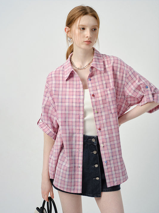 Woven Plaid Shirt With Multicolor Buttons