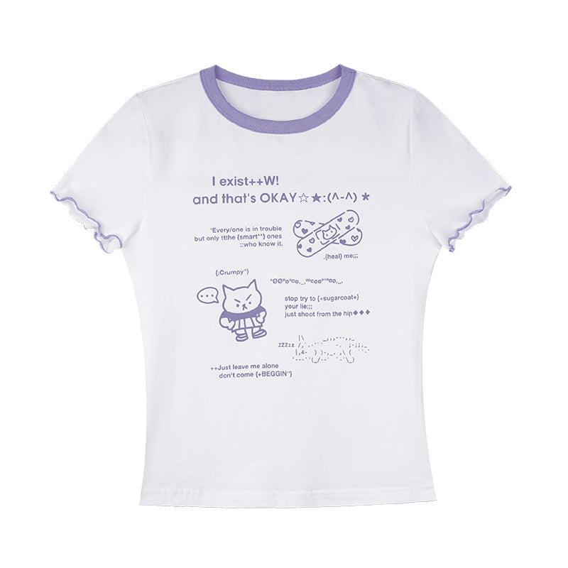 Kawaii Graphic Tee With Ribbon-Tied Cutout Back