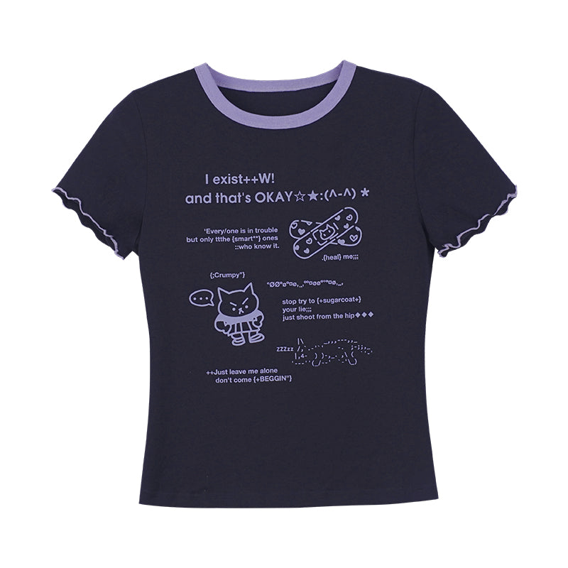 Kawaii Graphic Tee With Ribbon-Tied Cutout Back