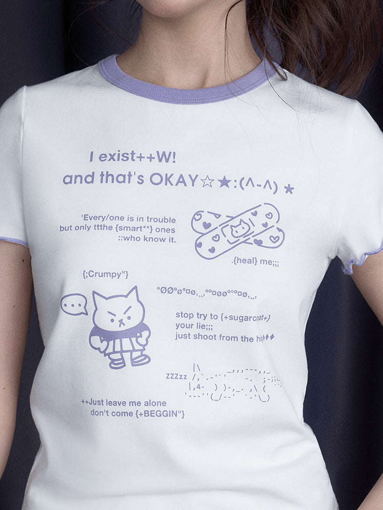 Kawaii Graphic Tee With Ribbon-Tied Cutout Back