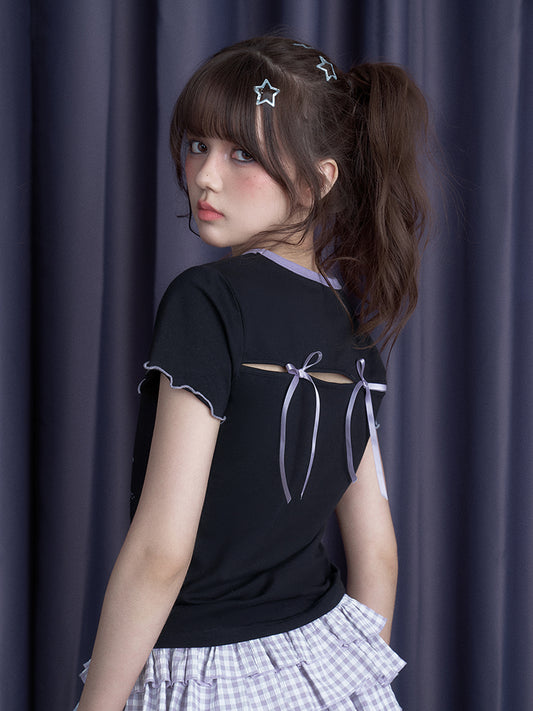Kawaii Graphic Tee With Ribbon-Tied Cutout Back