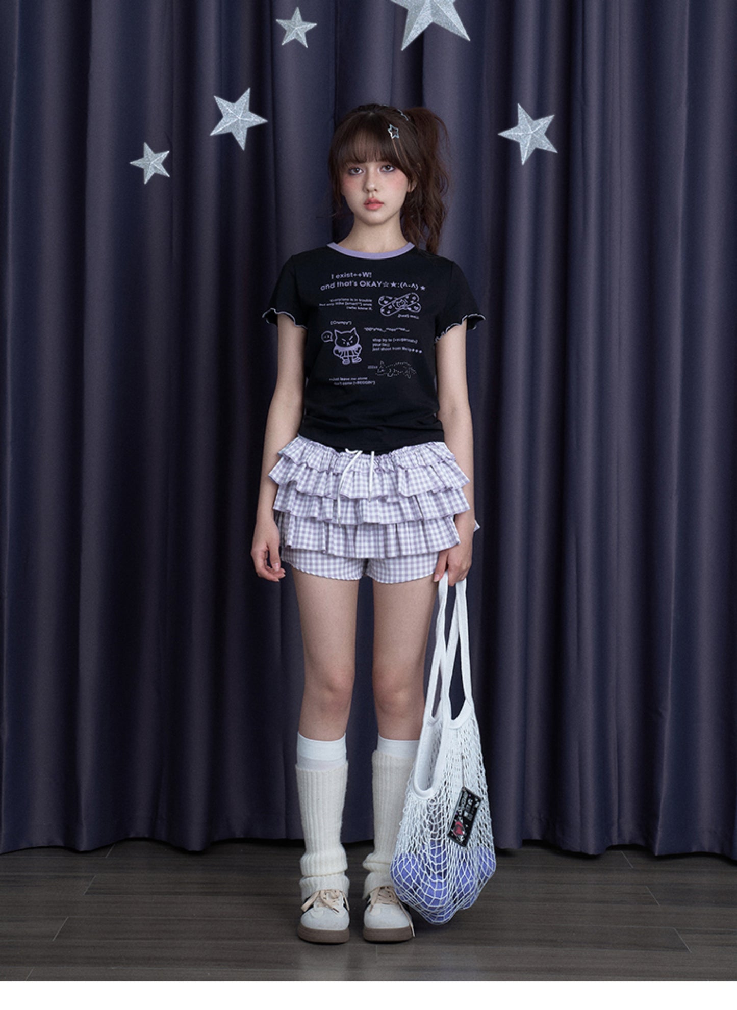 Kawaii Graphic Tee With Ribbon-Tied Cutout Back