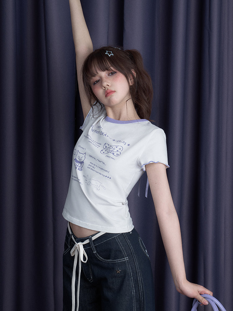 Kawaii Graphic Tee With Ribbon-Tied Cutout Back