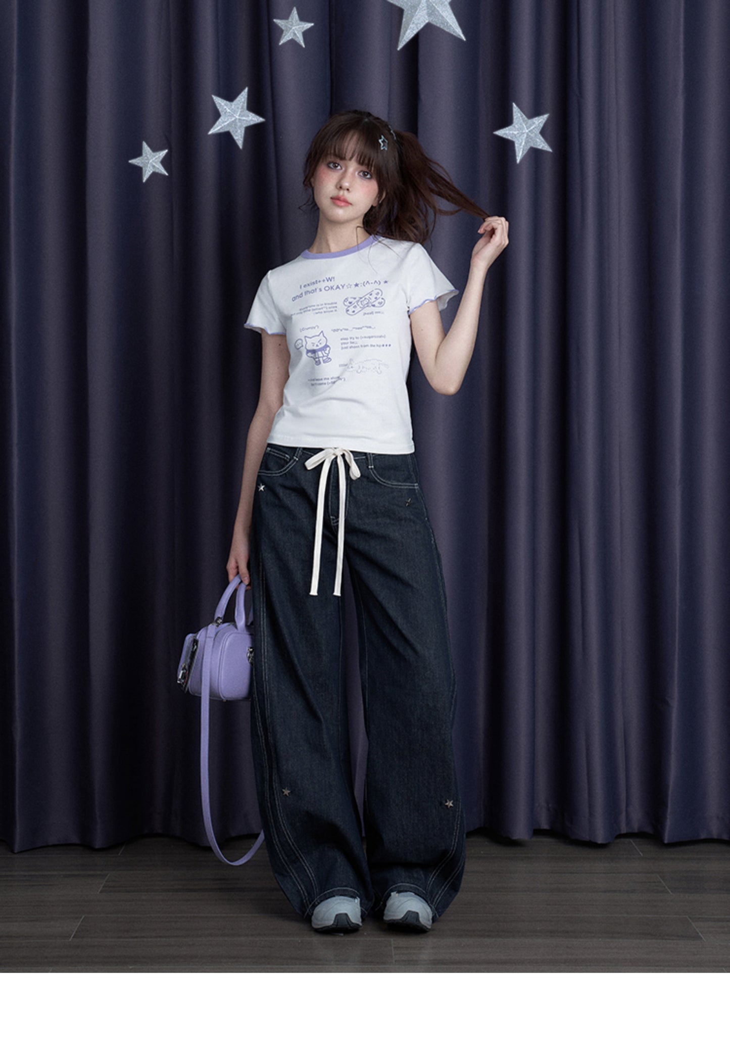 Kawaii Graphic Tee With Ribbon-Tied Cutout Back