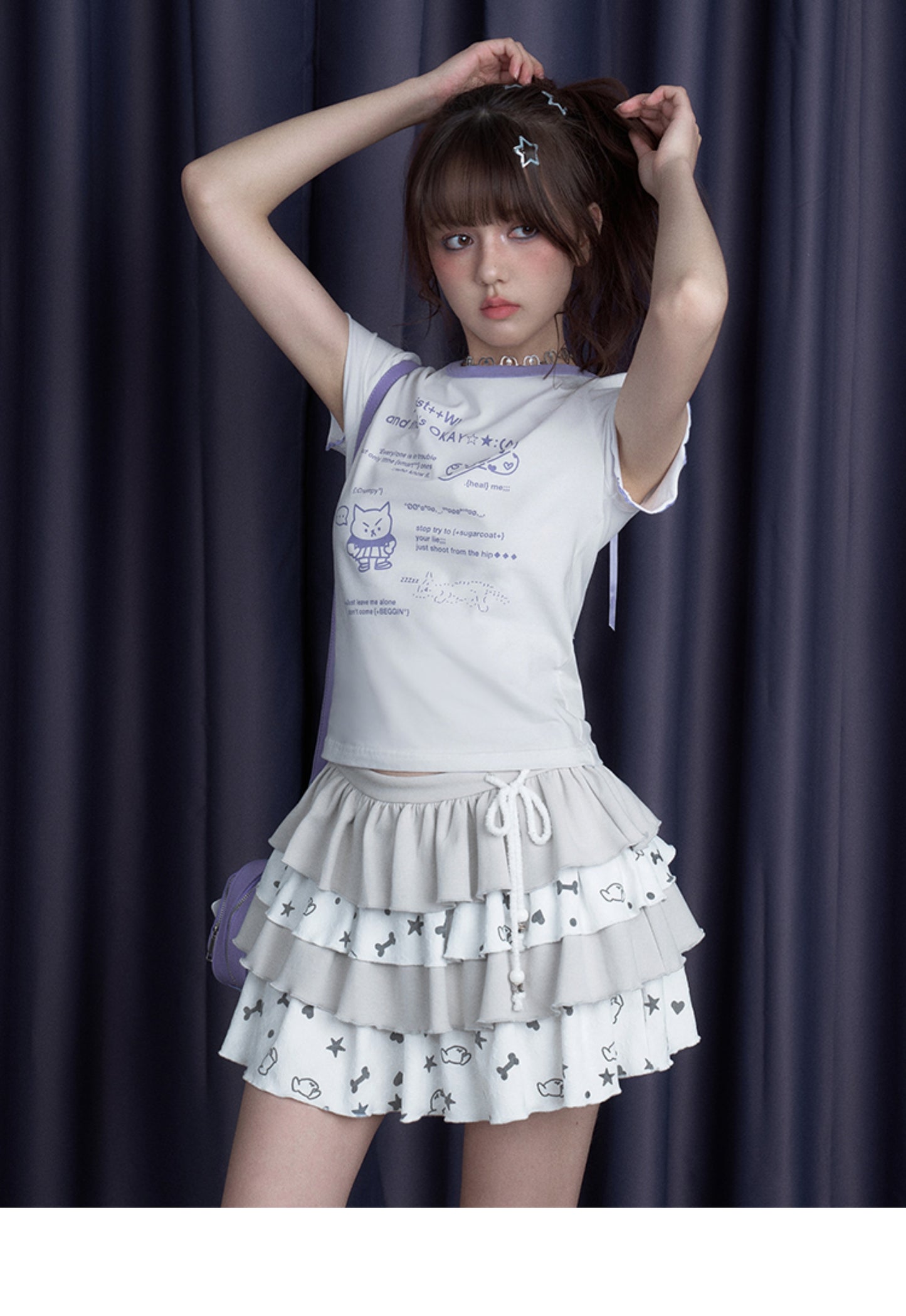 Kawaii Graphic Tee With Ribbon-Tied Cutout Back