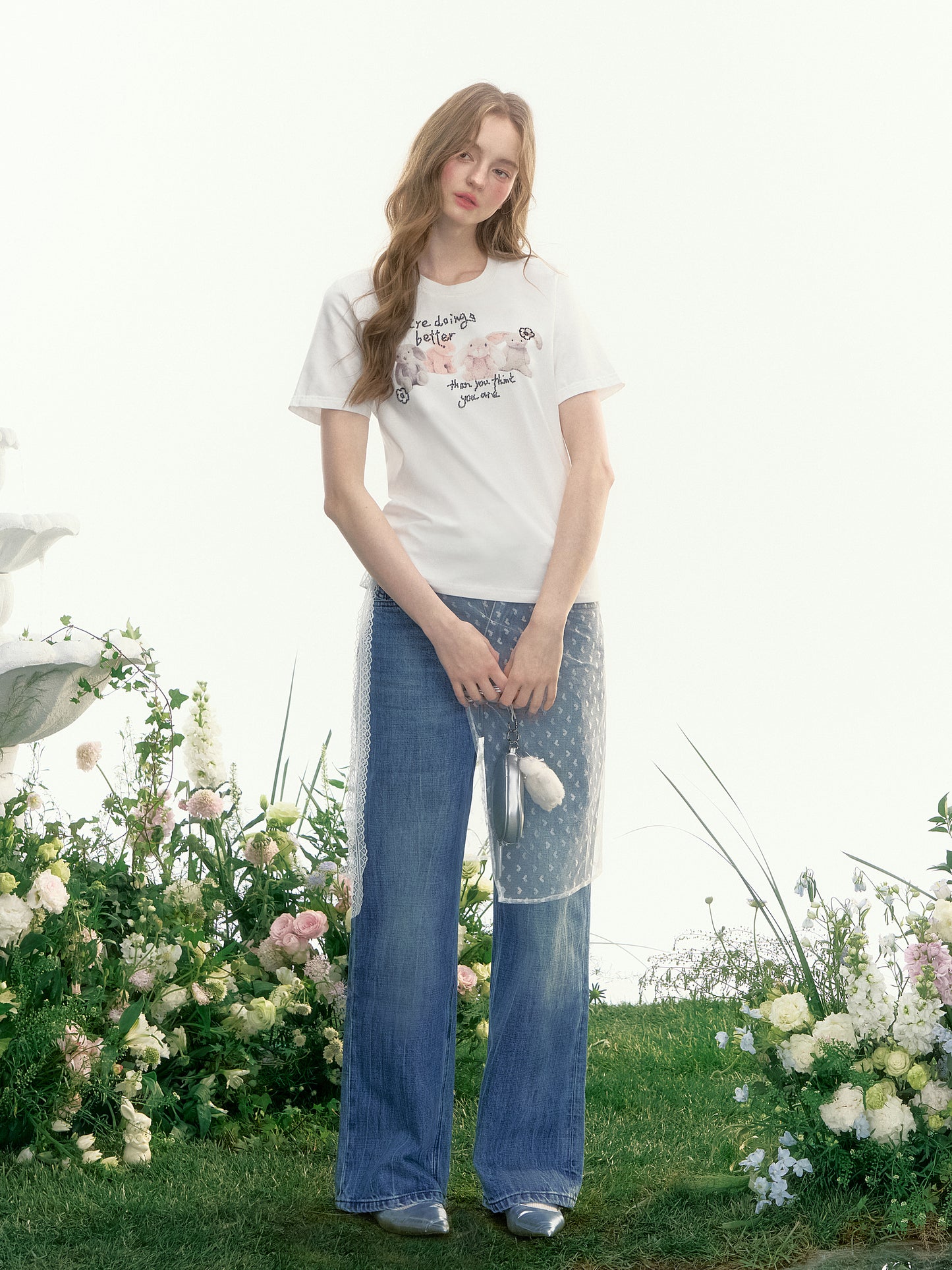 Beaded Plush Rabbit Print T-Shirt