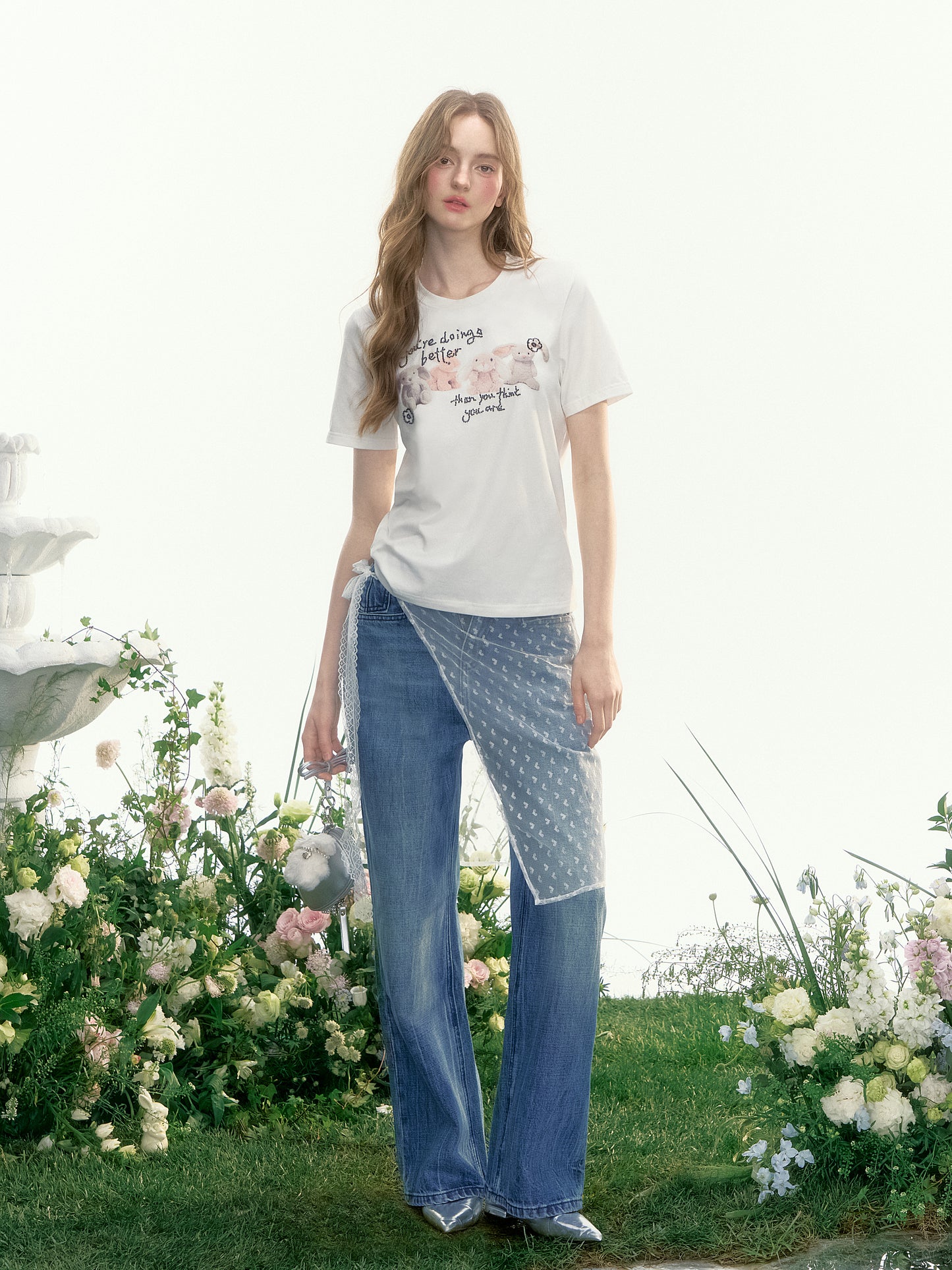 Beaded Plush Rabbit Print T-Shirt