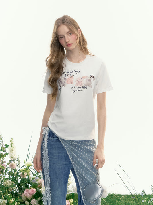 Beaded Plush Rabbit Print T-Shirt