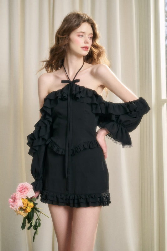 Ruffled Cold-Shoulder Halter Top & Skirt