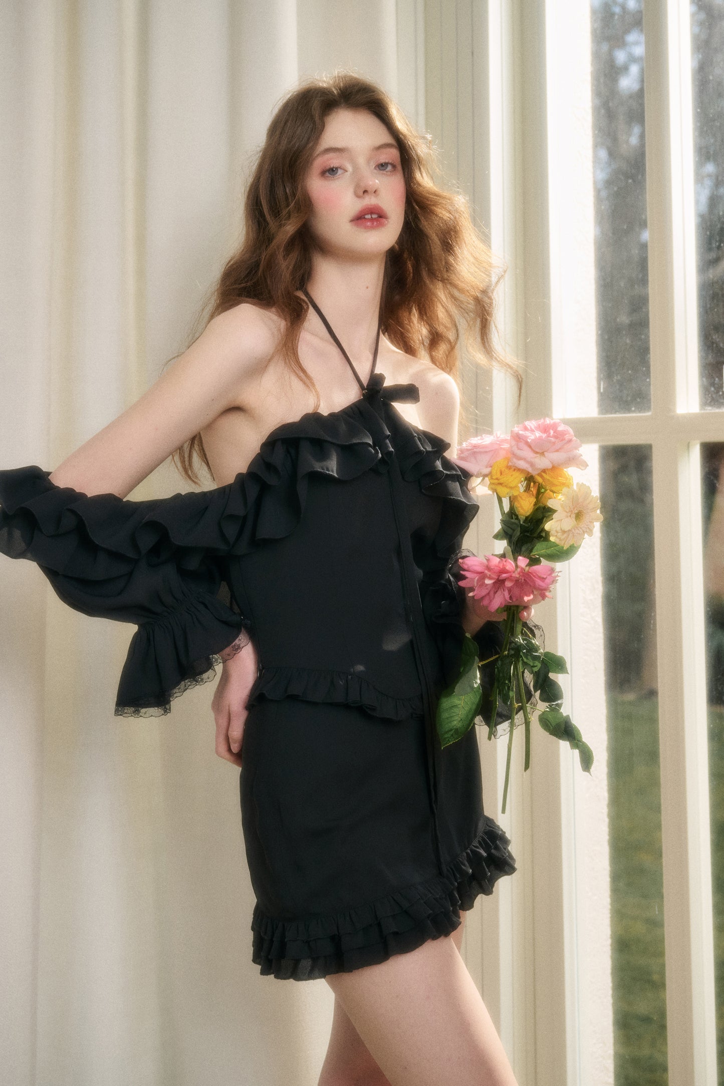 Ruffled Cold-Shoulder Halter Top & Skirt