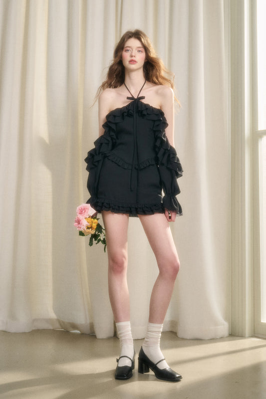 Ruffled Cold-Shoulder Halter Top & Skirt