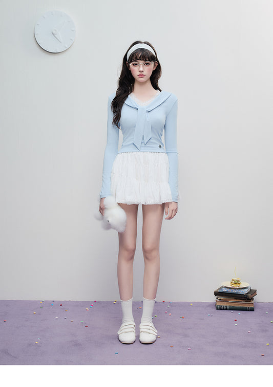 Minimal Slim-Fit Tie-Collar Top With Logo Charm