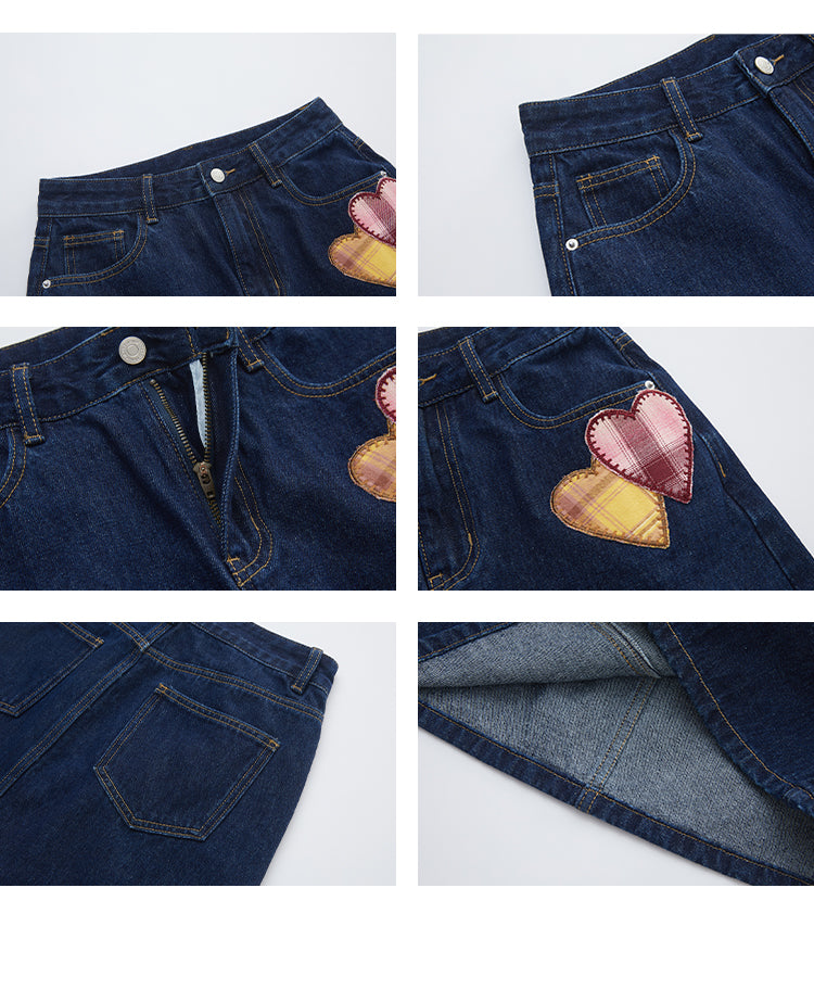 Plaid Heart Patch Denim Mini Skirt