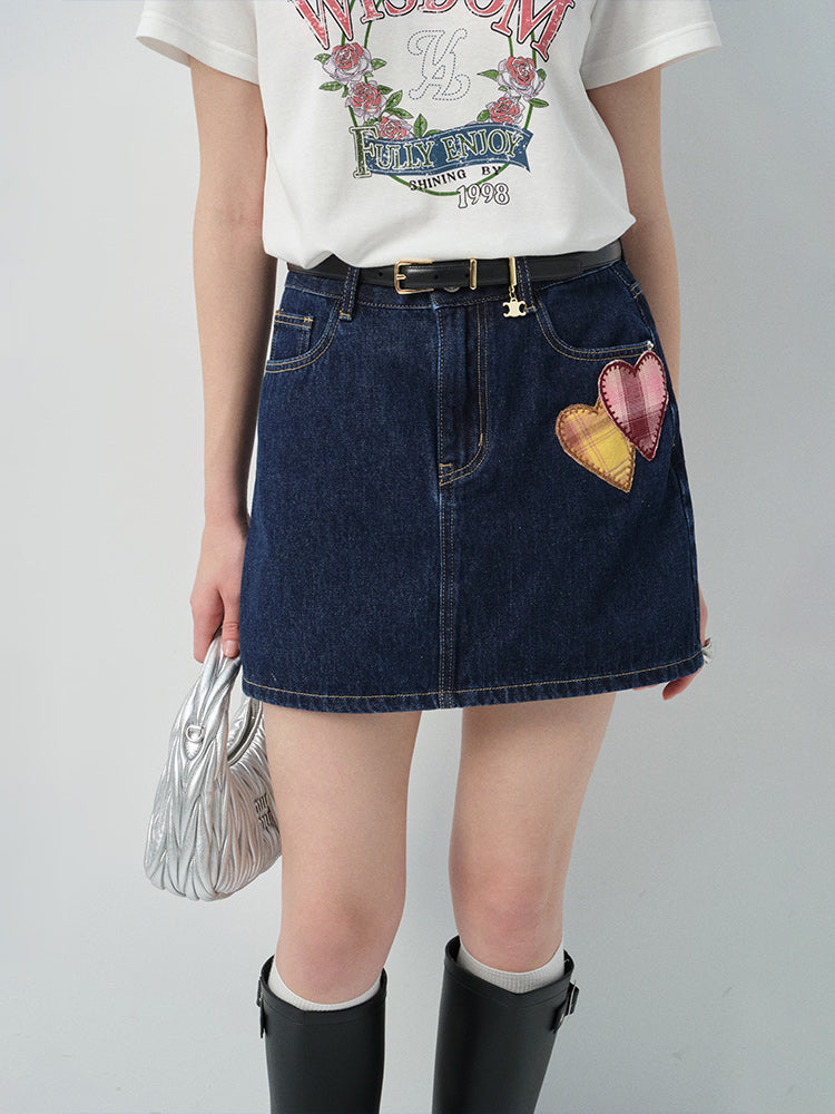 Plaid Heart Patch Denim Mini Skirt