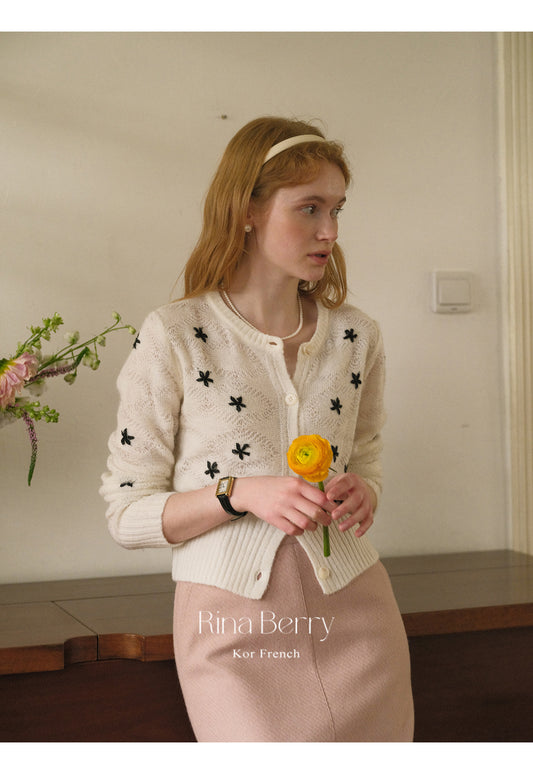 Floral Embroidered Lace-Knit Cardigan With Wide Rib