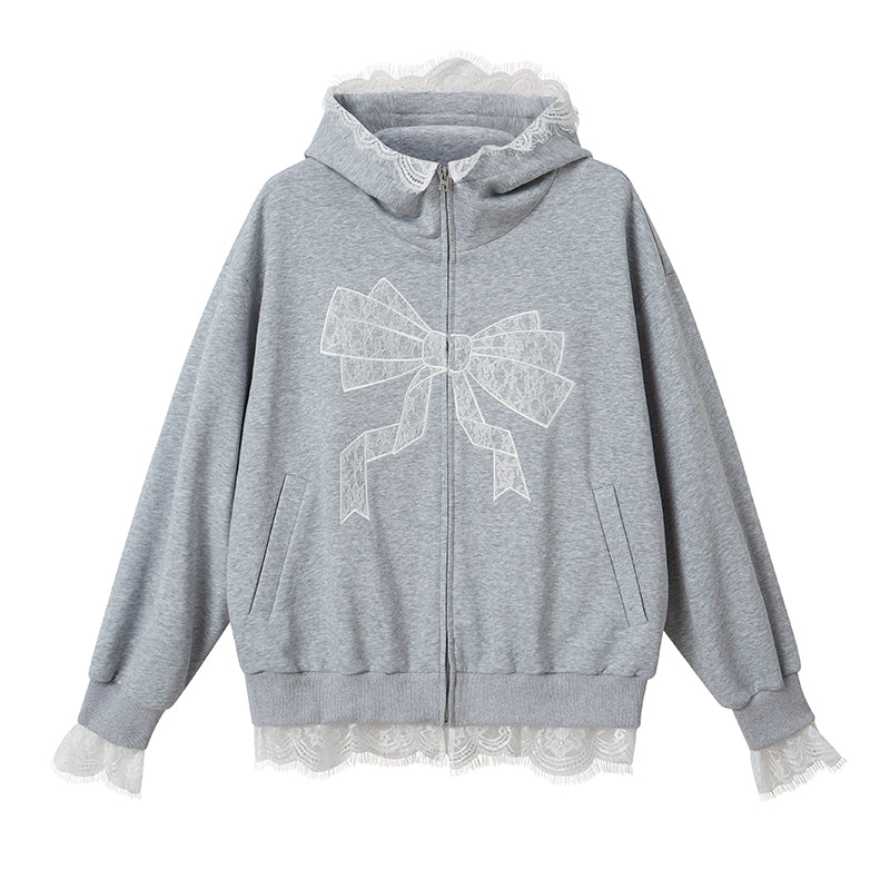Lace Bow Zip-Up Hoodie