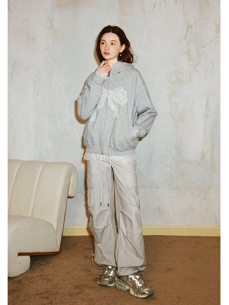 Lace Bow Zip-Up Hoodie