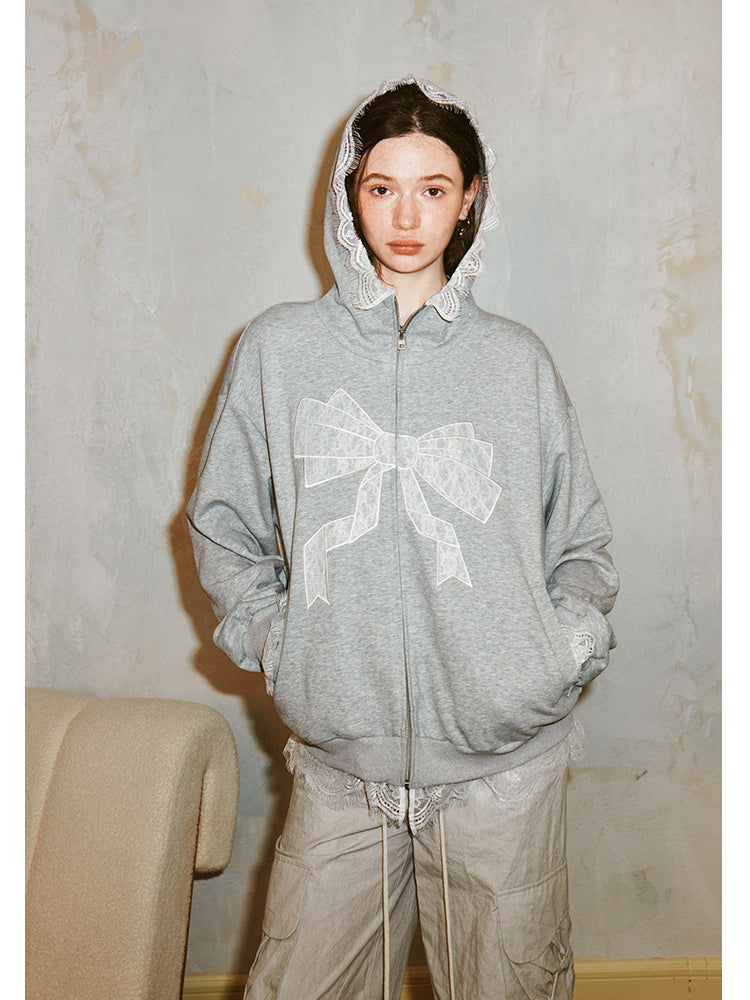 Lace Bow Zip-Up Hoodie