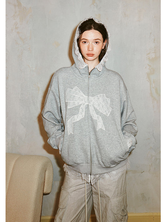 Lace Bow Zip-Up Hoodie