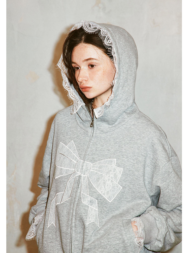 Lace Bow Zip-Up Hoodie