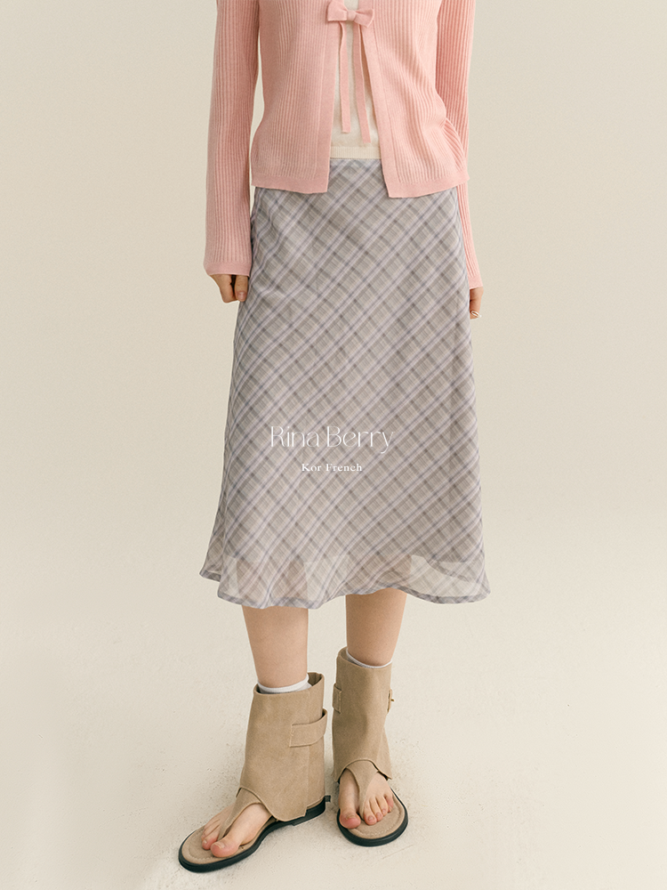 Diamond Plaid High Waist Chiffon Midi Skirt