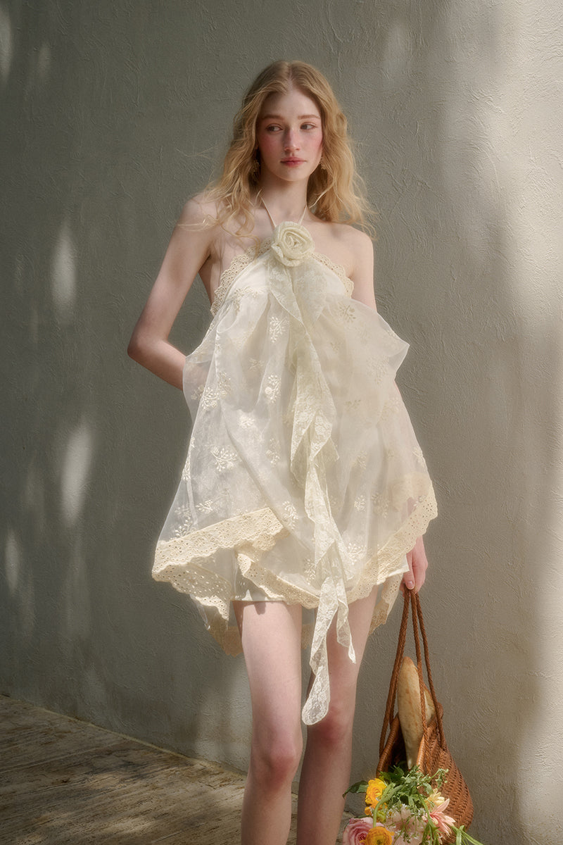 Fluffy Embroidered Lace Halter Fairy Dress