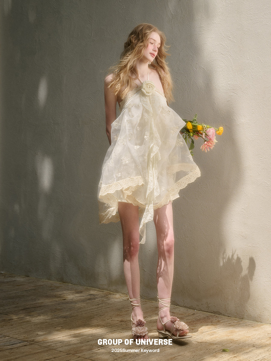 Fluffy Embroidered Lace Halter Fairy Dress