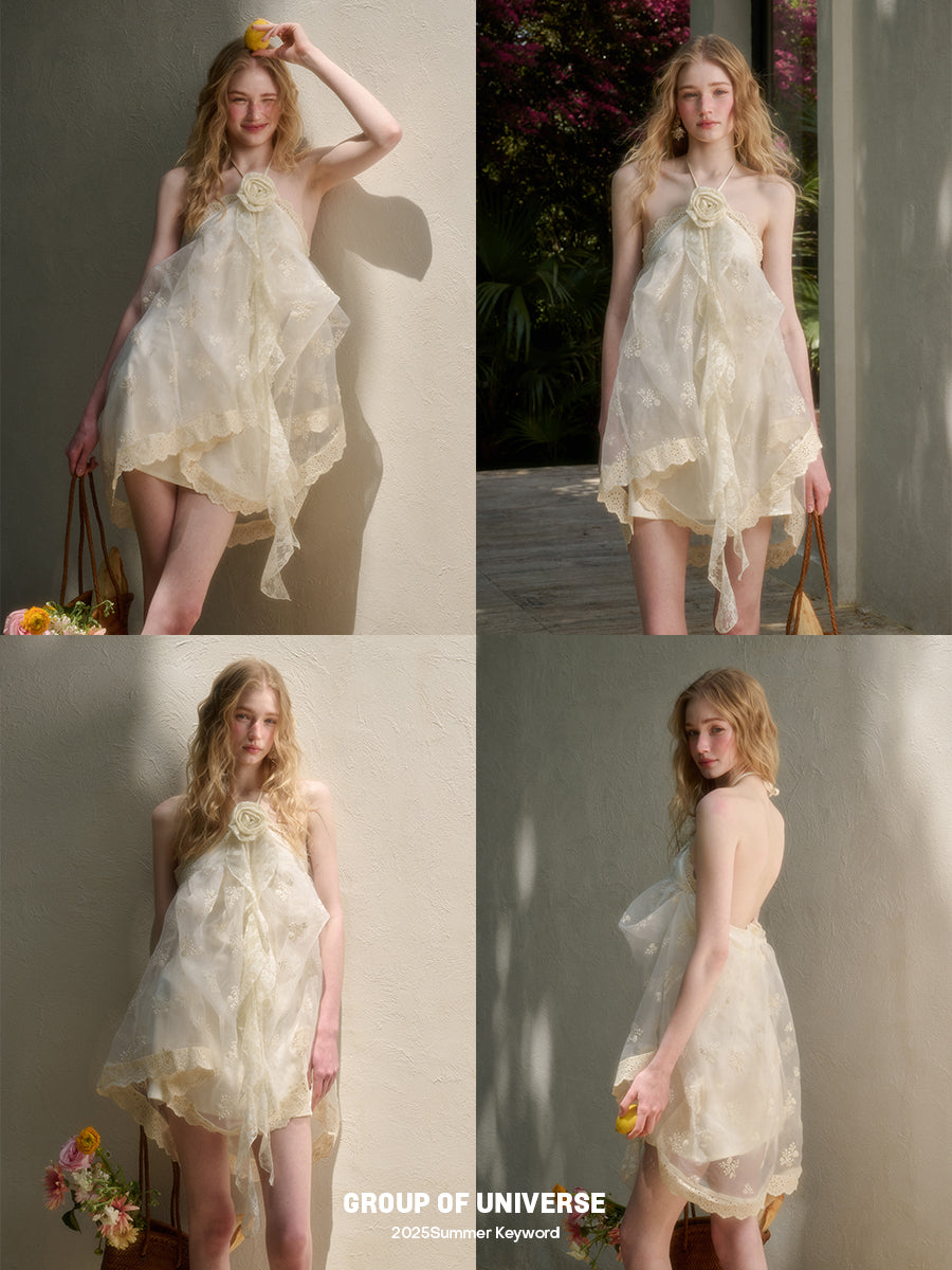 Fluffy Embroidered Lace Halter Fairy Dress