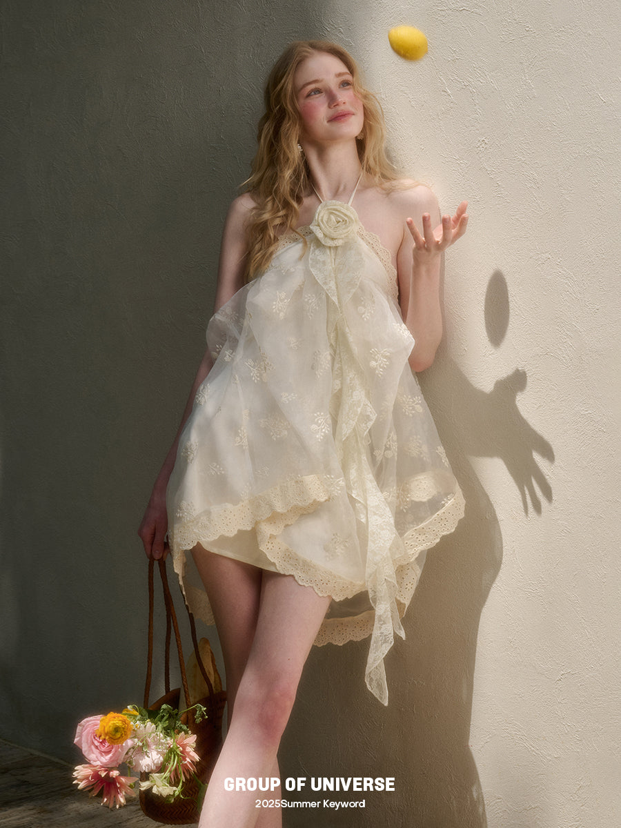 Fluffy Embroidered Lace Halter Fairy Dress