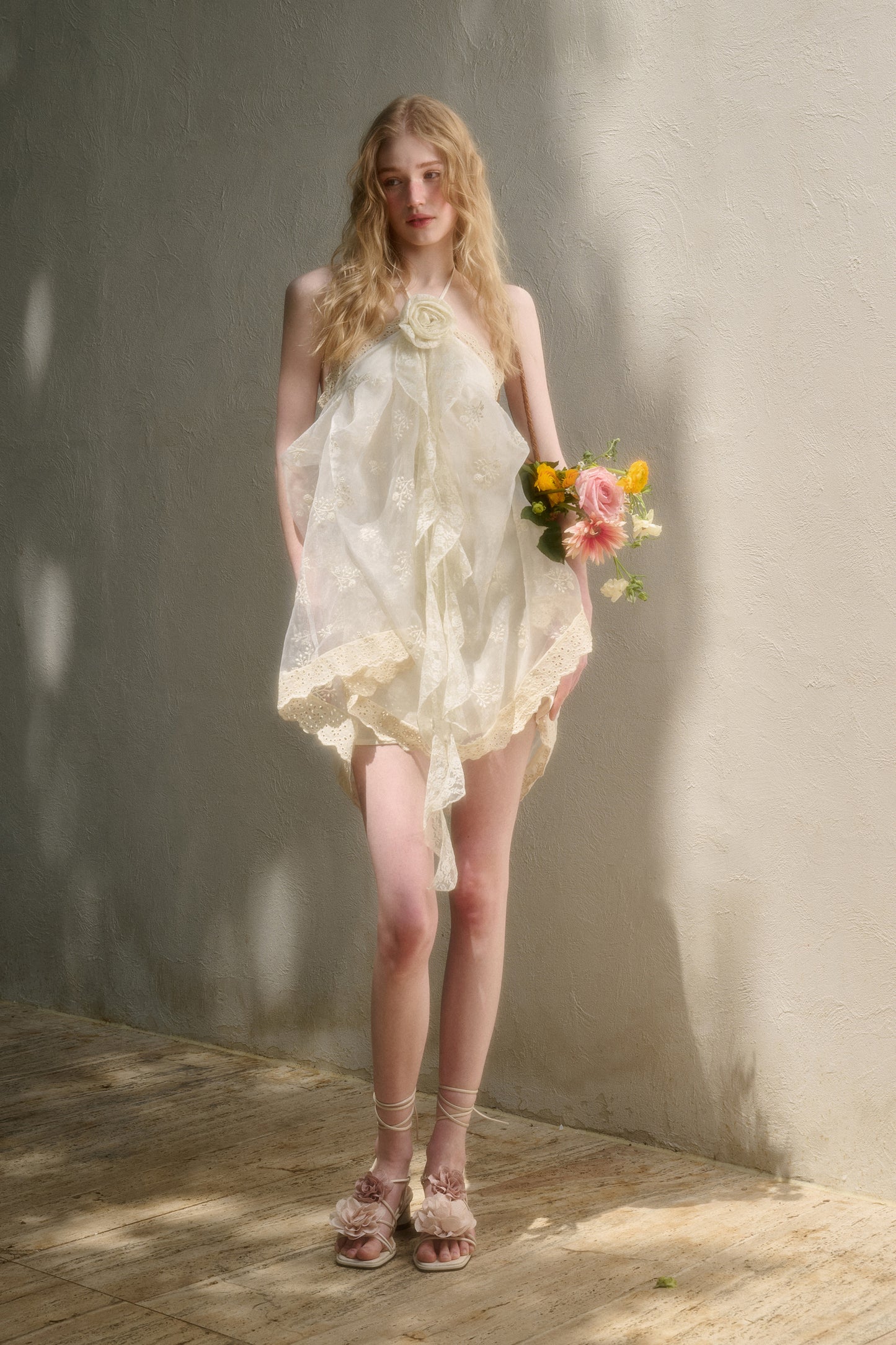 Fluffy Embroidered Lace Halter Fairy Dress