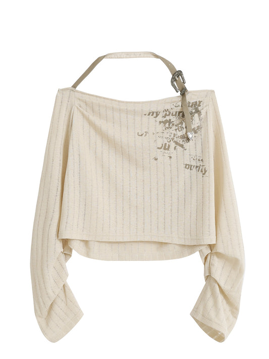 Printed Off-Shoulder Top With Belt Strap Halter