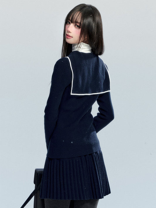 Slim Fit Sailor Collar Knit Top & Skirt