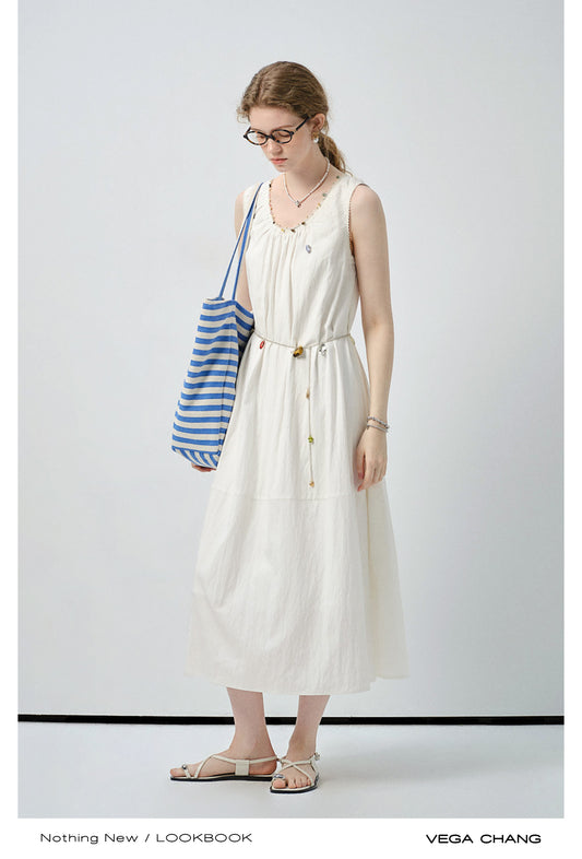 Stone-Beaded Neck Gathered Belted Dress