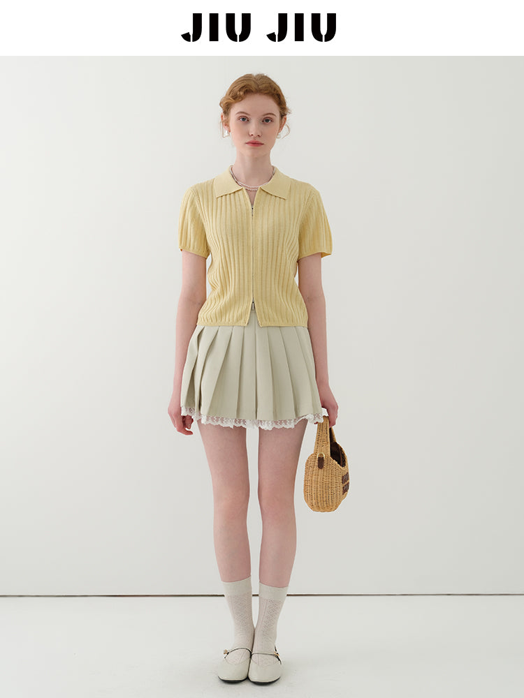 Zip-Front Collared Knit Top