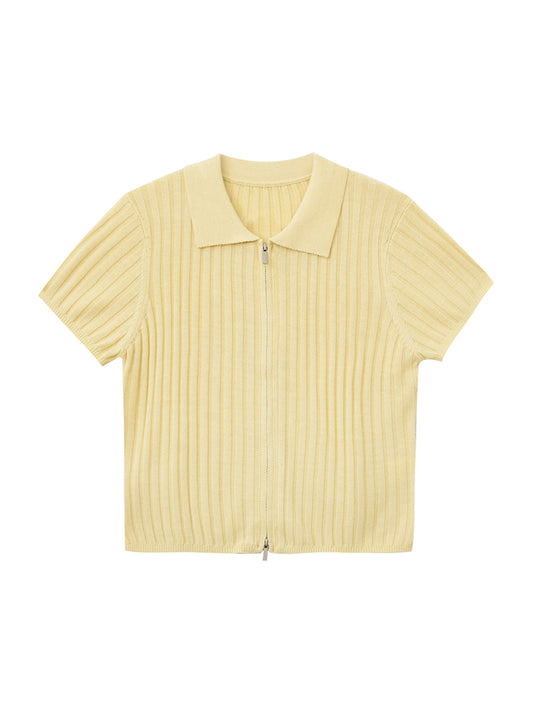 Zip-Front Collared Knit Top