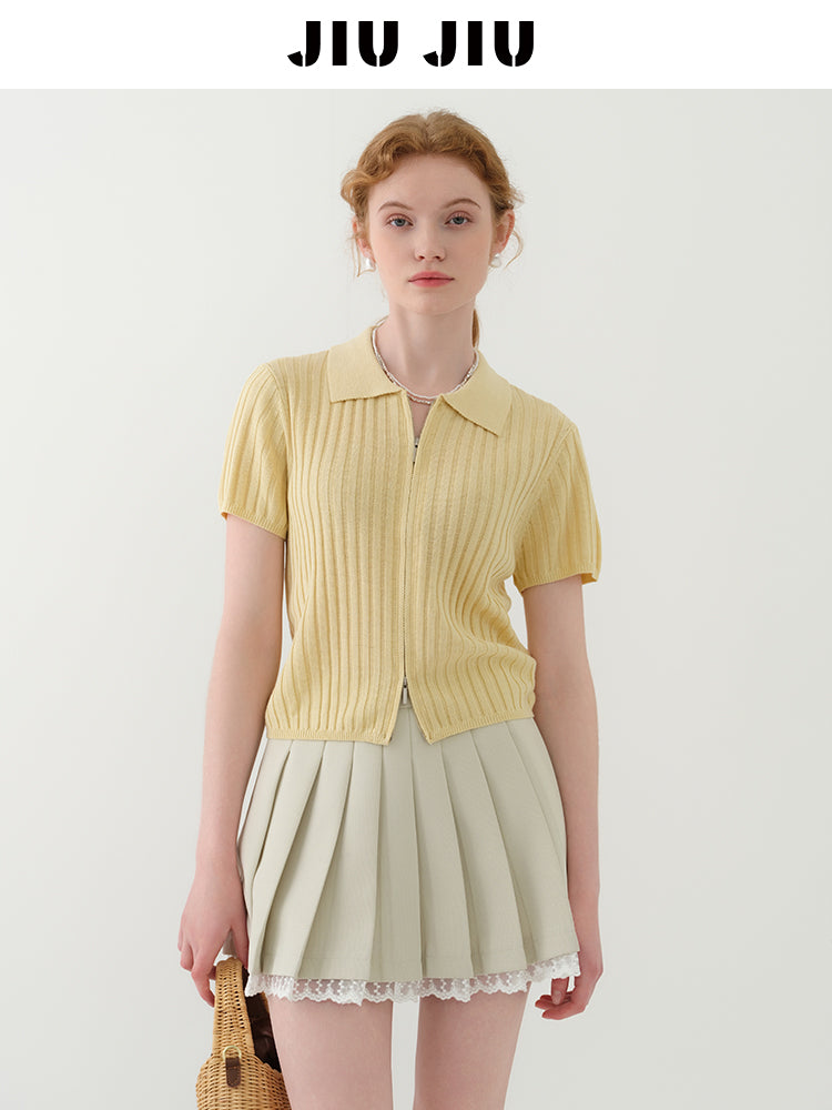 Zip-Front Collared Knit Top