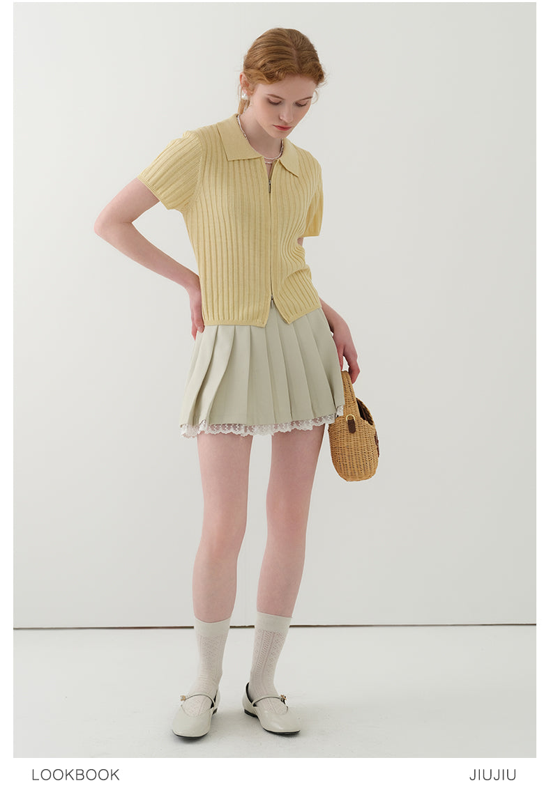 Zip-Front Collared Knit Top