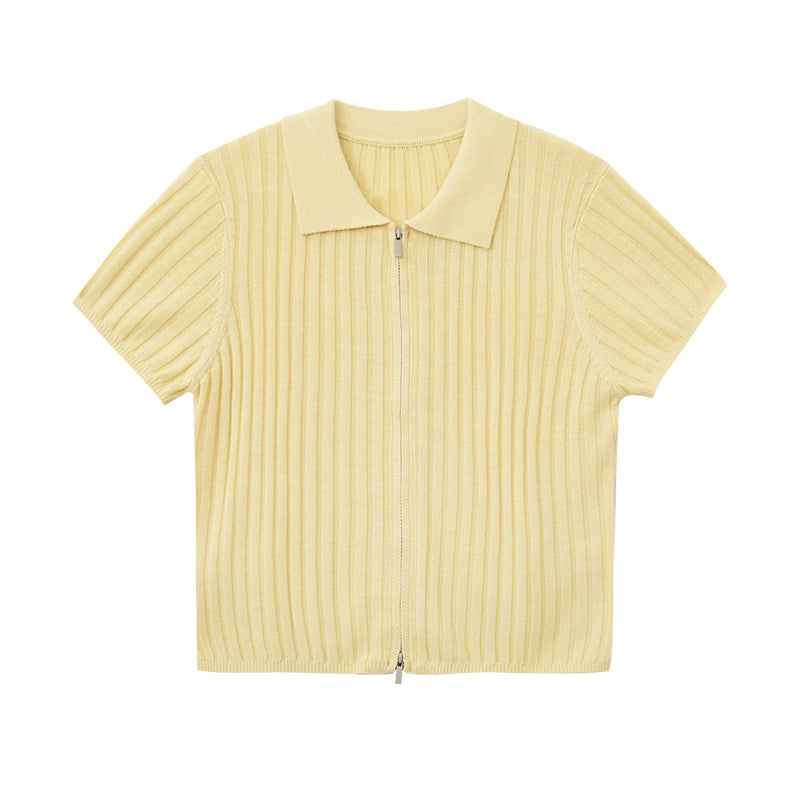 Zip-Front Collared Knit Top