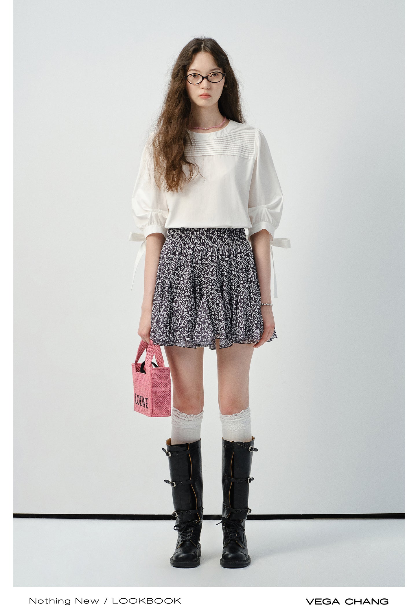 Pleated Blouse With 3/4 Ribbon Puffed Sleeves