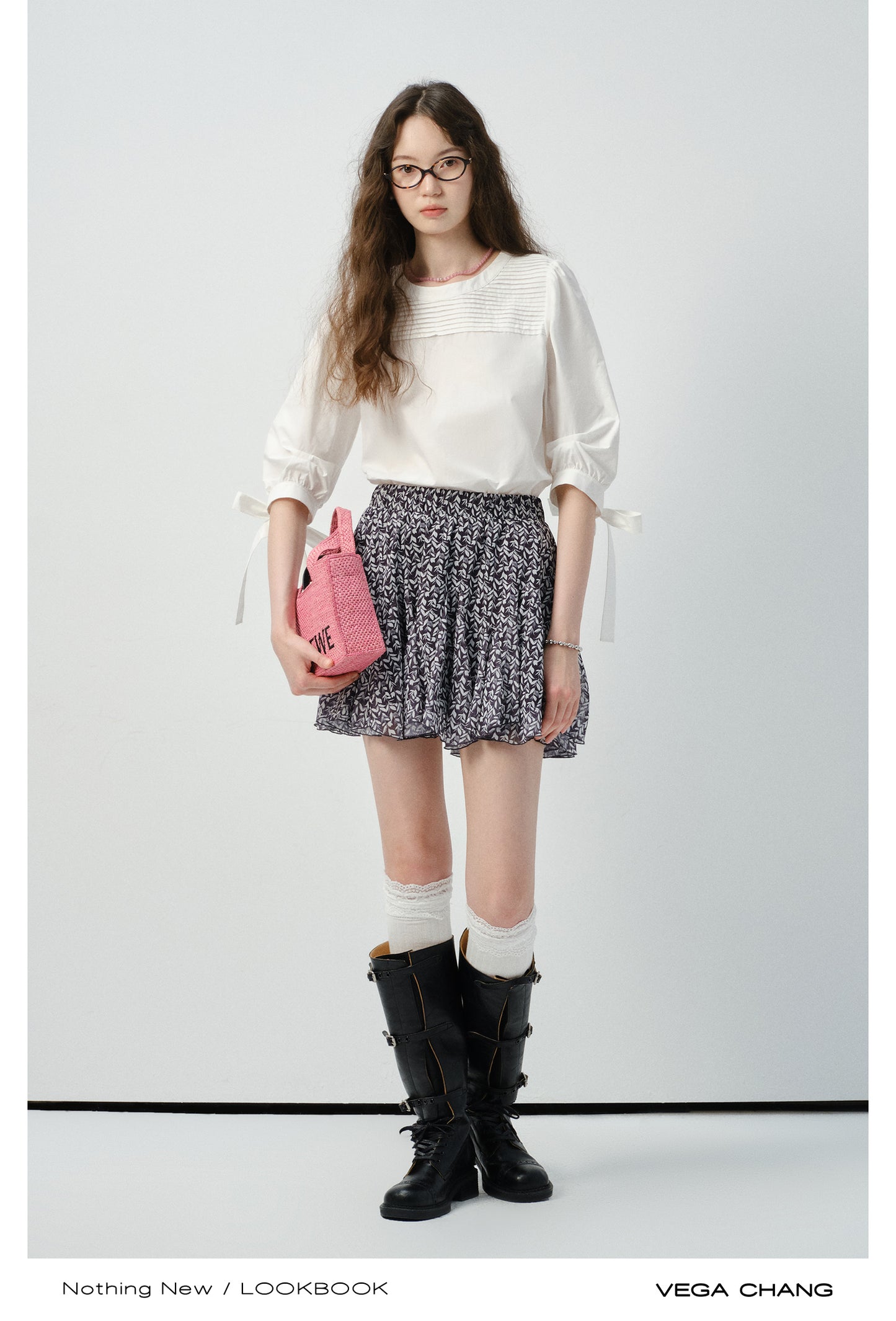 Pleated Blouse With 3/4 Ribbon Puffed Sleeves