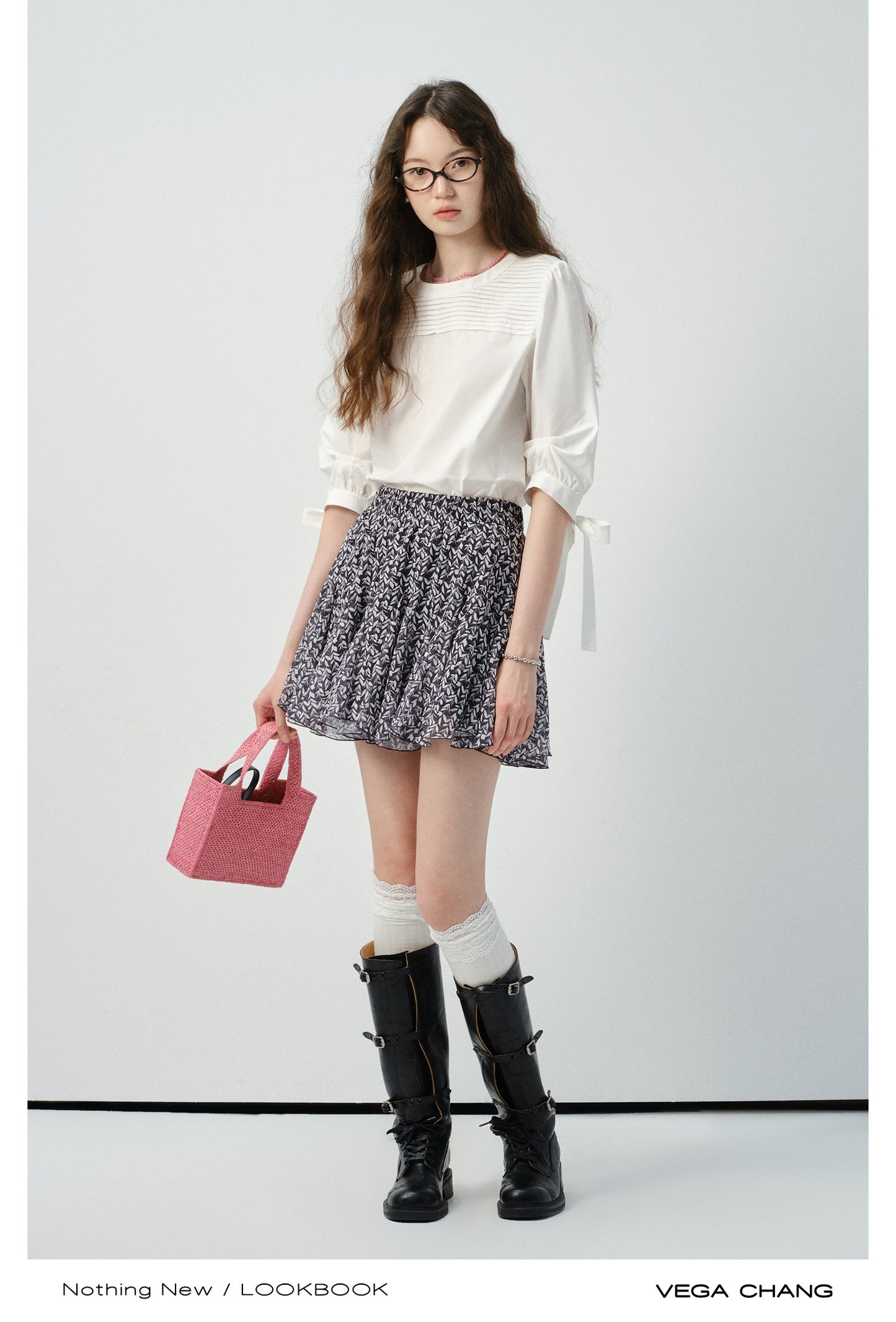Pleated Blouse With 3/4 Ribbon Puffed Sleeves