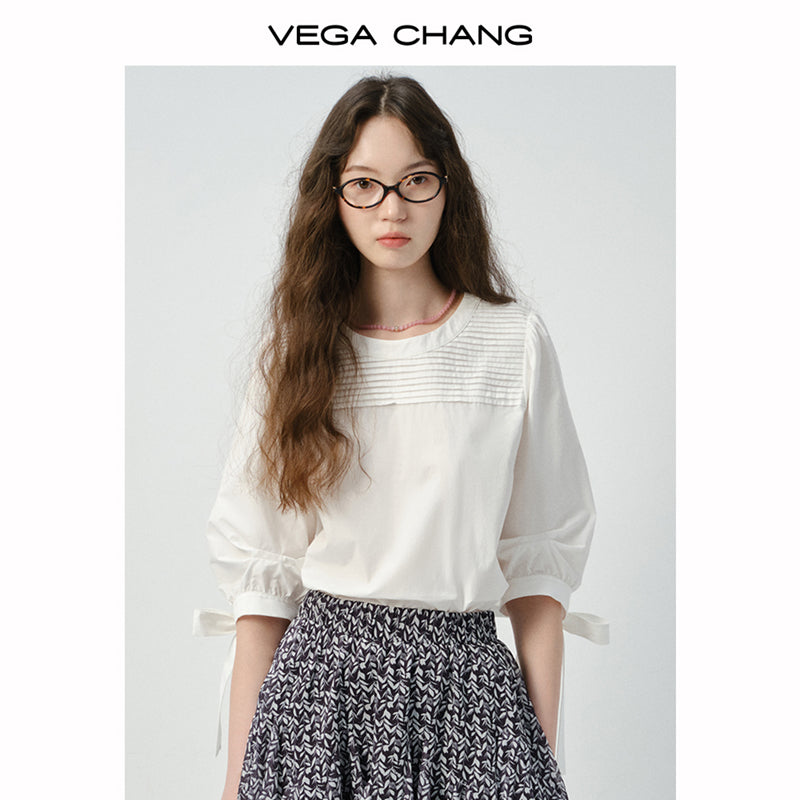Pleated Blouse With 3/4 Ribbon Puffed Sleeves