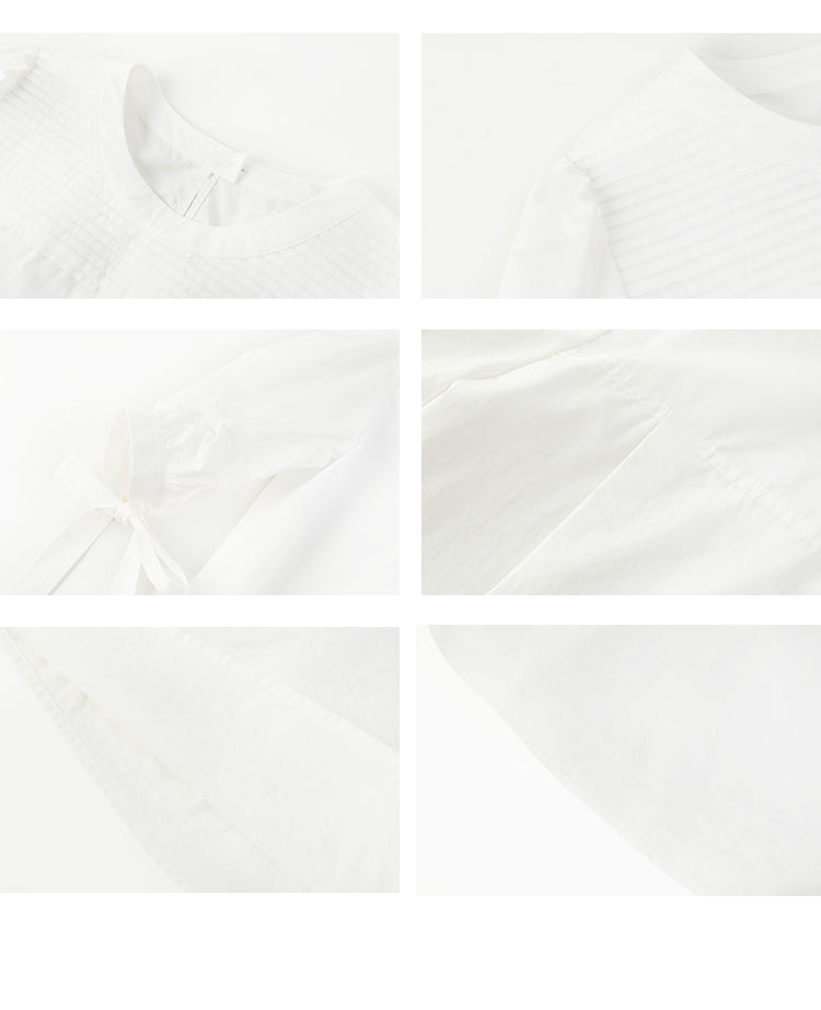 Pleated Blouse With 3/4 Ribbon Puffed Sleeves