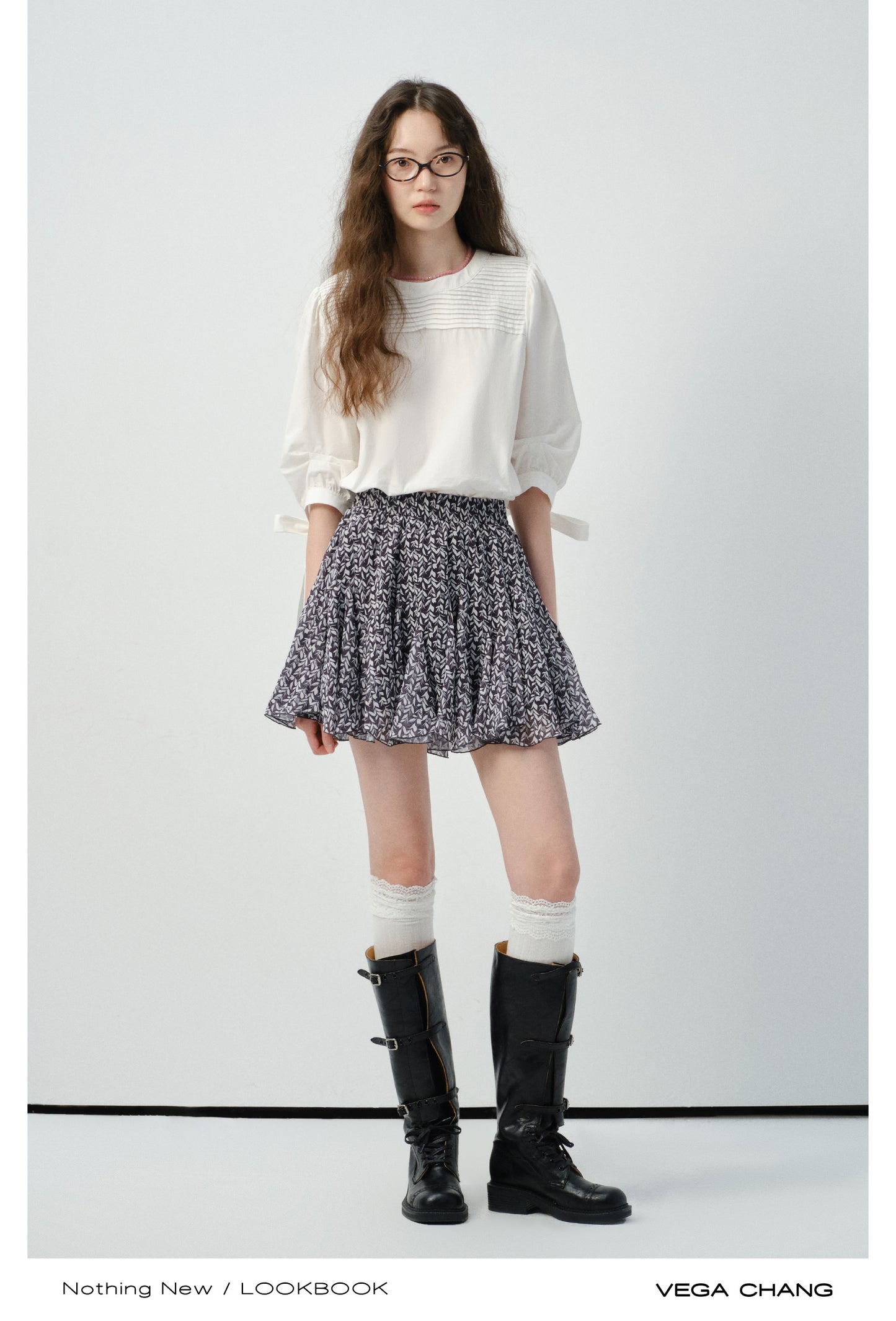 Pleated Blouse With 3/4 Ribbon Puffed Sleeves